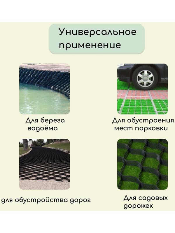 Георешётка 16,9 м² (2,6 × 6,6 м), ячейка 23 × 23 × 10 см, диагональ 33 см, толщина 1,2 мм