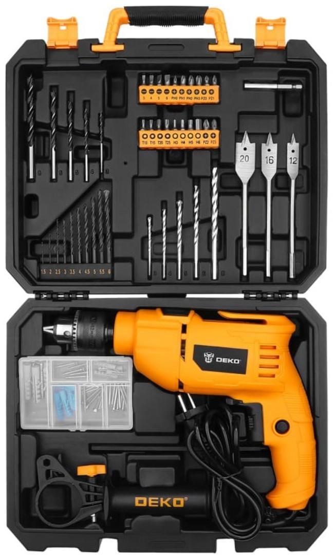 Дрель ударная DEKO DKID600W, сетевая, кейс, набор инструментов 92 предмета, 48000 уд/мин