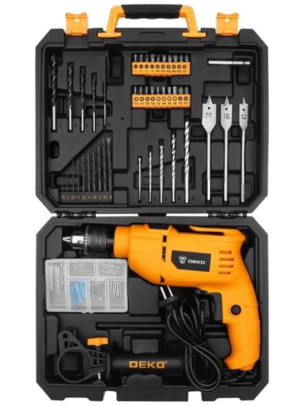 Дрель ударная DEKO DKID600W, сетевая, кейс, набор инструментов 92 предмета, 48000 уд/мин