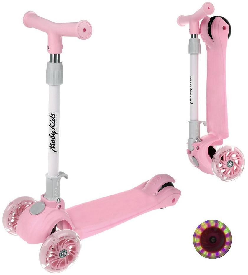 Самокат Moby Kids FLY, складной, 120 PU со светом, розовый