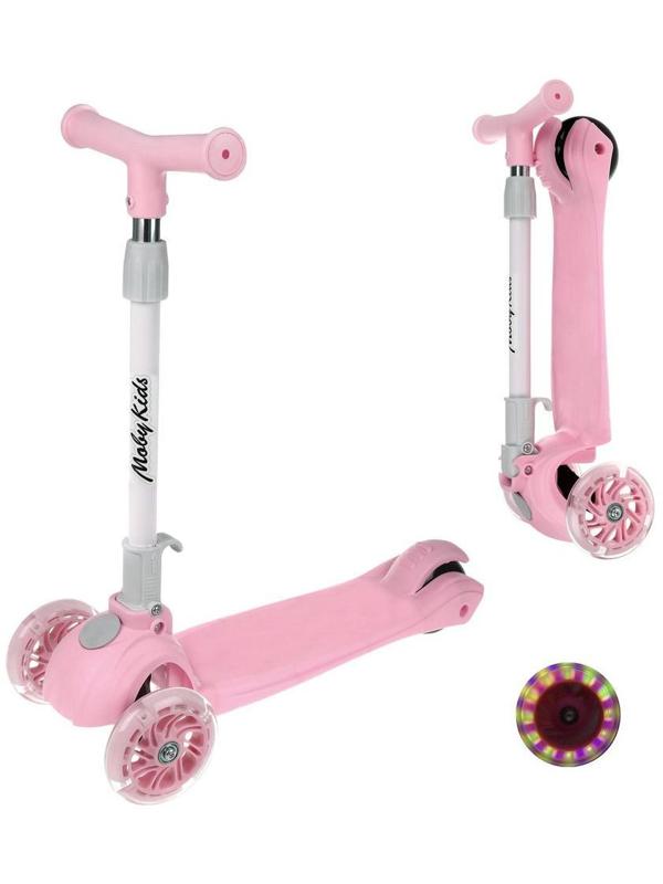 Самокат Moby Kids FLY, складной, 120 PU со светом, розовый