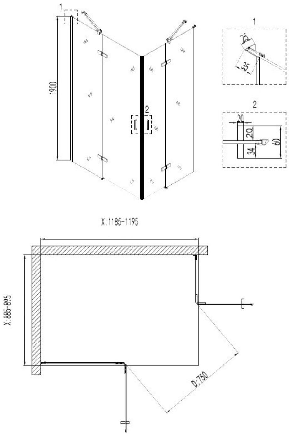 Душевое ограждение NG-6618-08, 120х90х190 см, без поддона, стекло прозрачное, 1 место