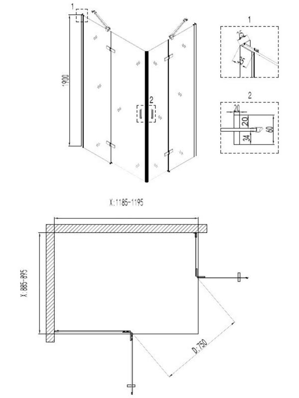 Душевое ограждение NG-6618-08, 120х90х190 см, без поддона, стекло прозрачное, 1 место