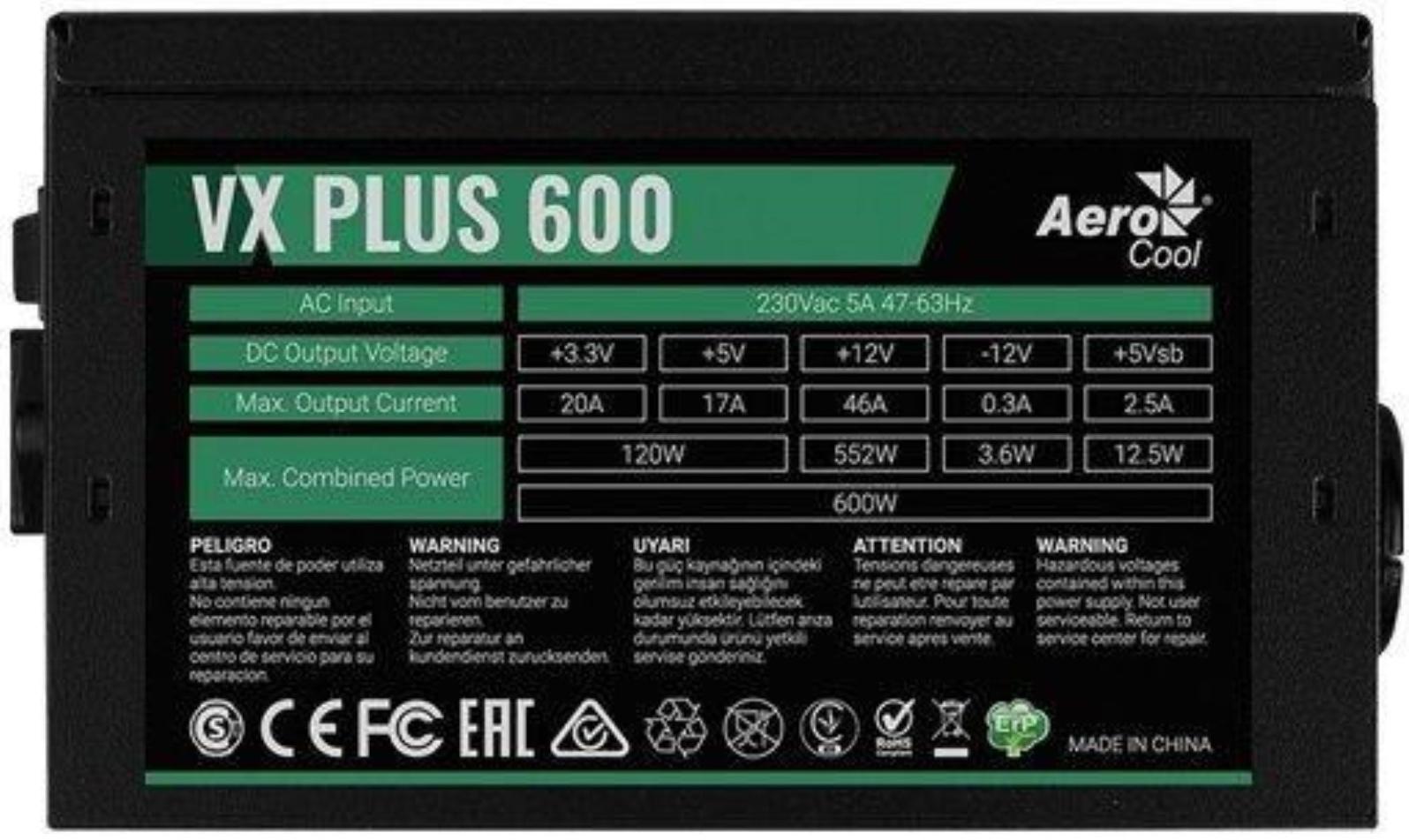 Блок питания Aerocool ATX 600W VX-600 PLUS (24+4+4pin) 120mm fan 3xSATA RTL