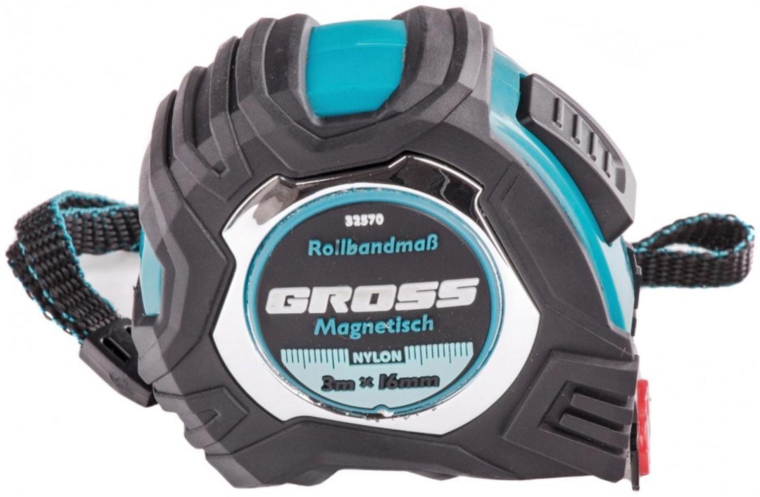 Рулетка Gross Magnetisch 32570, обрезиненный корпус, автостоп, нейлон, 3 м х 16 мм