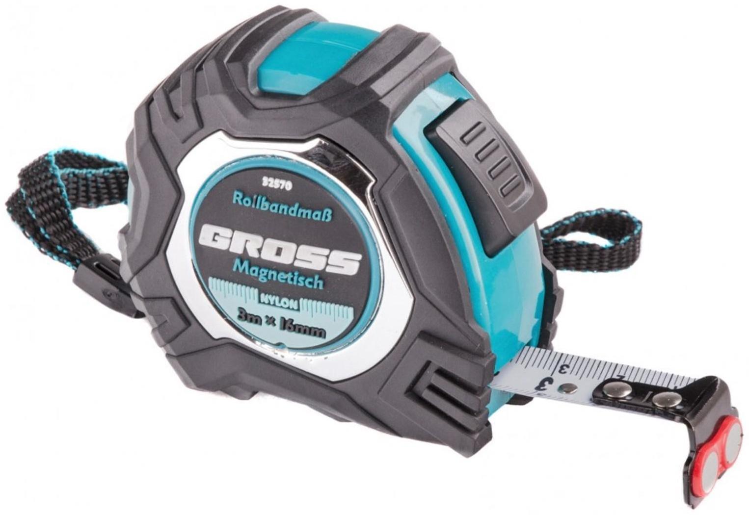 Рулетка Gross Magnetisch 32570, обрезиненный корпус, автостоп, нейлон, 3 м х 16 мм