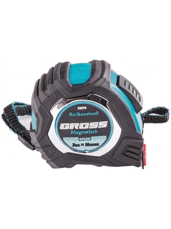 Рулетка Gross Magnetisch 32570, обрезиненный корпус, автостоп, нейлон, 3 м х 16 мм