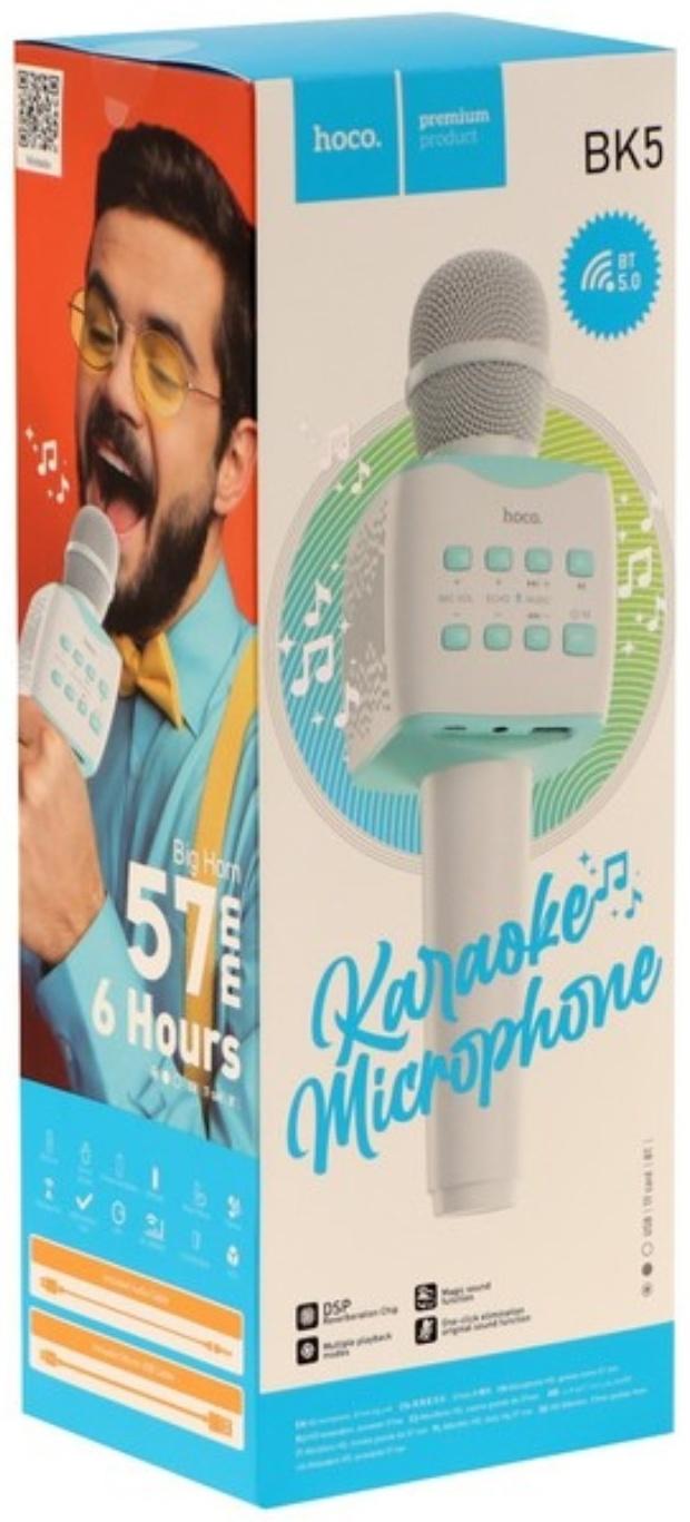 Микрофон для караоке Hoco BK5, 5 Вт, 1200 мАч, BT5.0, microSD, USB, коррекция голоса, синий   960393