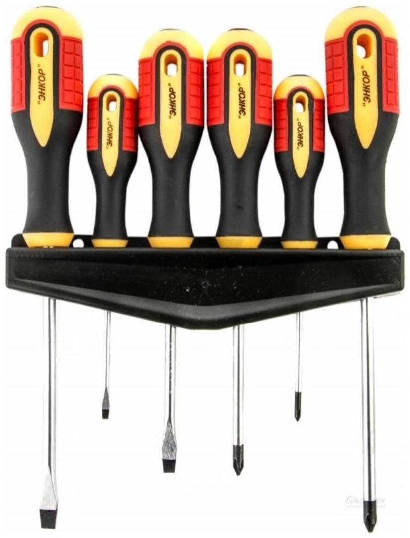 Набор отверток ЭНКОР 19836, 3К рукоятки, SL3-6-7, PH0-1-2, 75/100/125 мм, 6 шт.