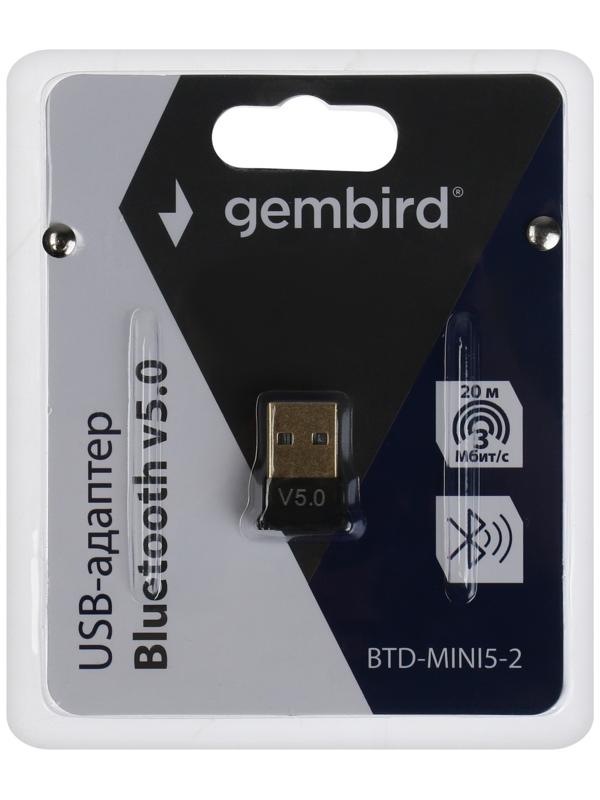 Адаптер Bluetooth Gembird BTD-MINI5-2, USB, v.5.0, 20 метров, черный