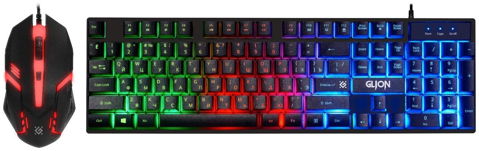 Комплект клавиатура и мышь DEFENDER Glion C-123, мембран, 1600dpi, USB, подсветка черный