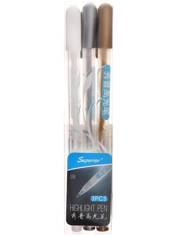 Набор гелевых ручек 3 цвета, белый, серебристый, золотой  MS-021