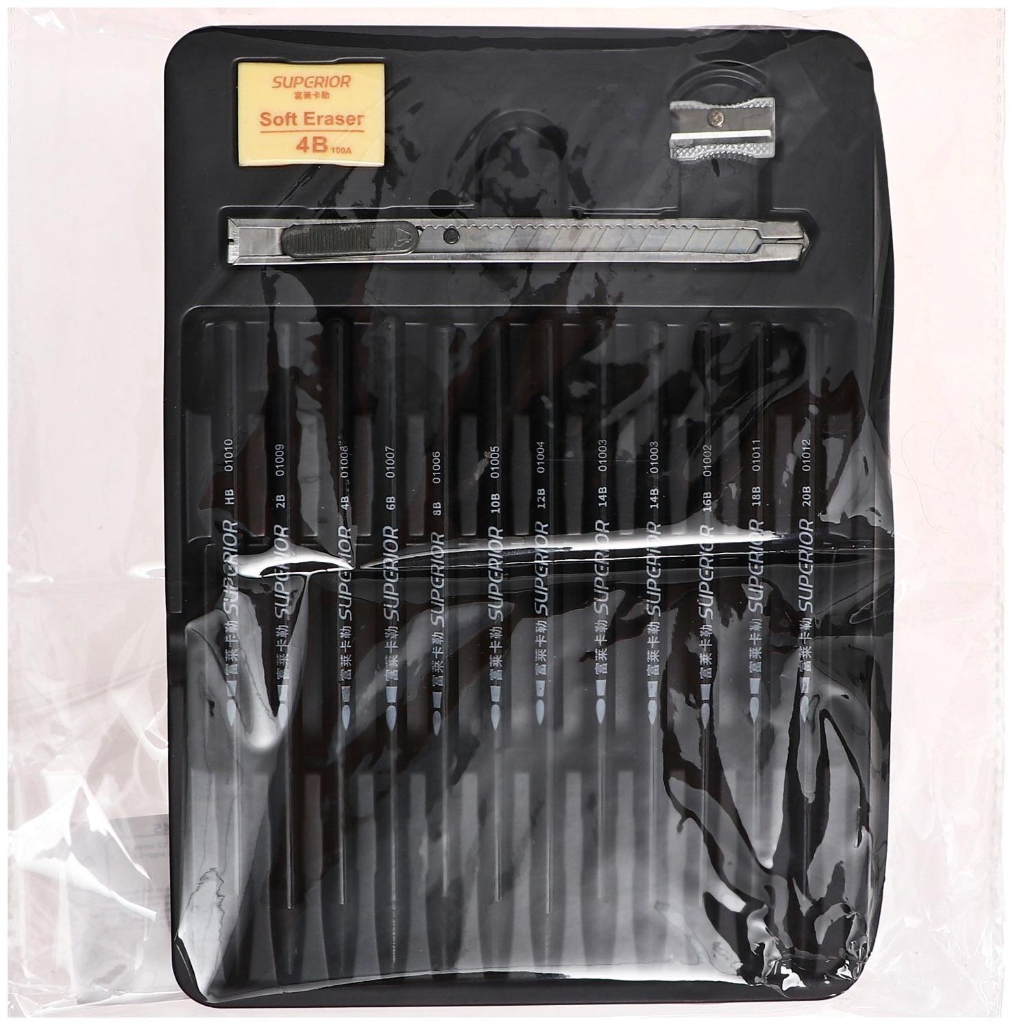 Карандаши цельнографитные черные 12 штук + ластик + точилка + нож канцелярский wgp-12