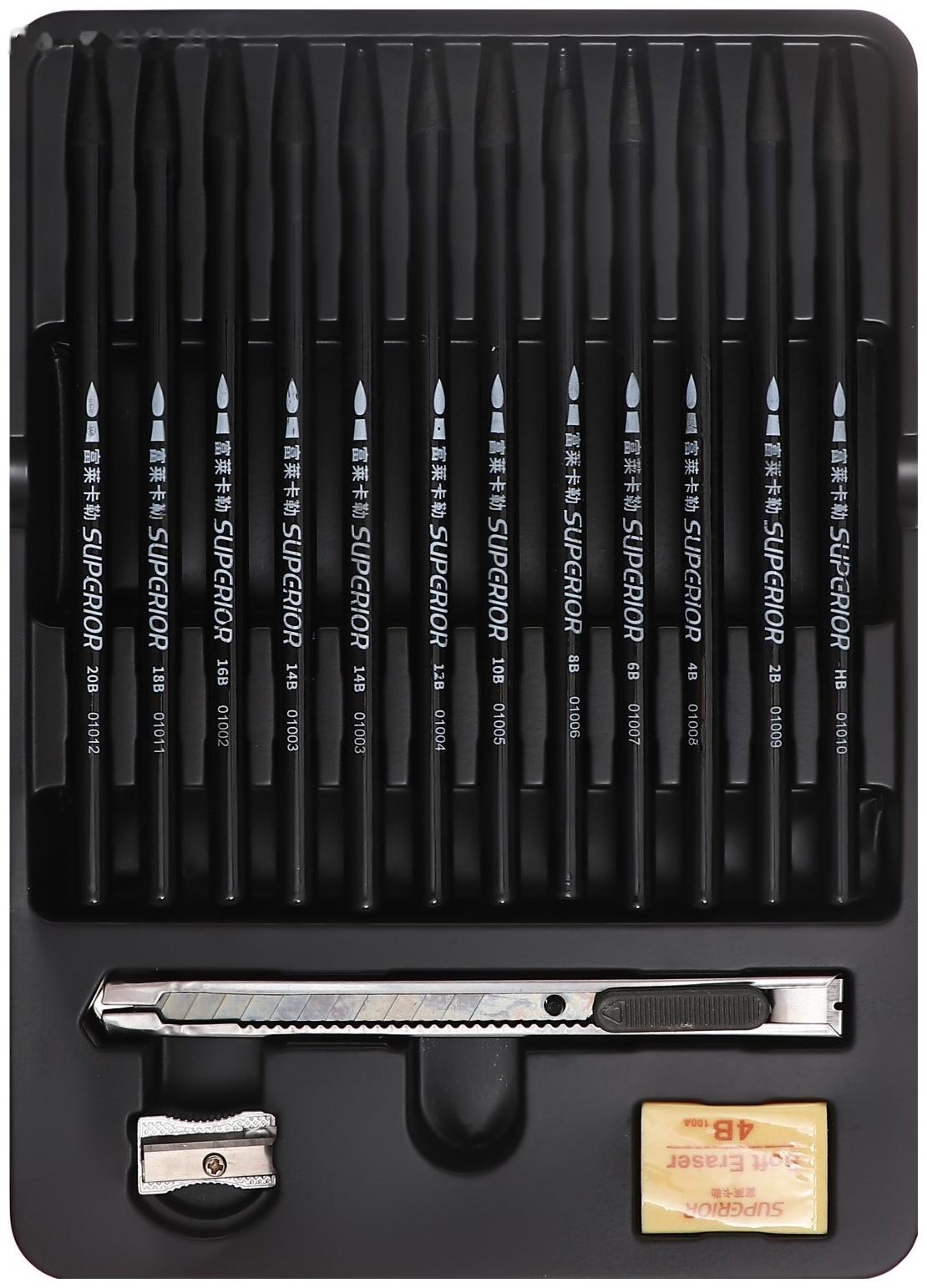 Карандаши цельнографитные черные 12 штук + ластик + точилка + нож канцелярский wgp-12