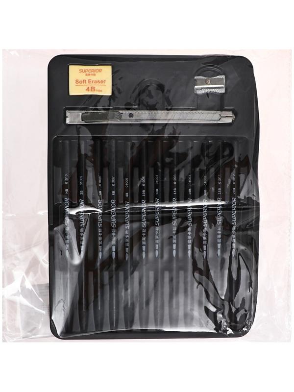 Карандаши цельнографитные черные 12 штук + ластик + точилка + нож канцелярский wgp-12