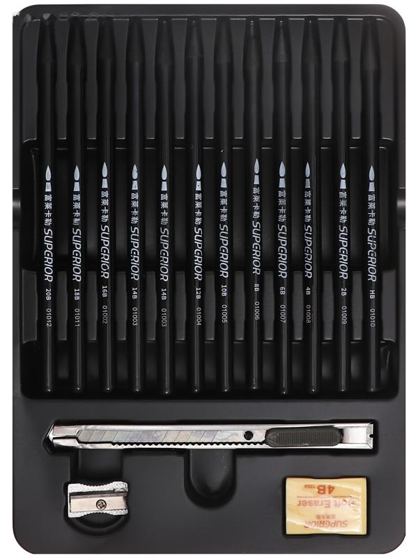 Карандаши цельнографитные черные 12 штук + ластик + точилка + нож канцелярский wgp-12