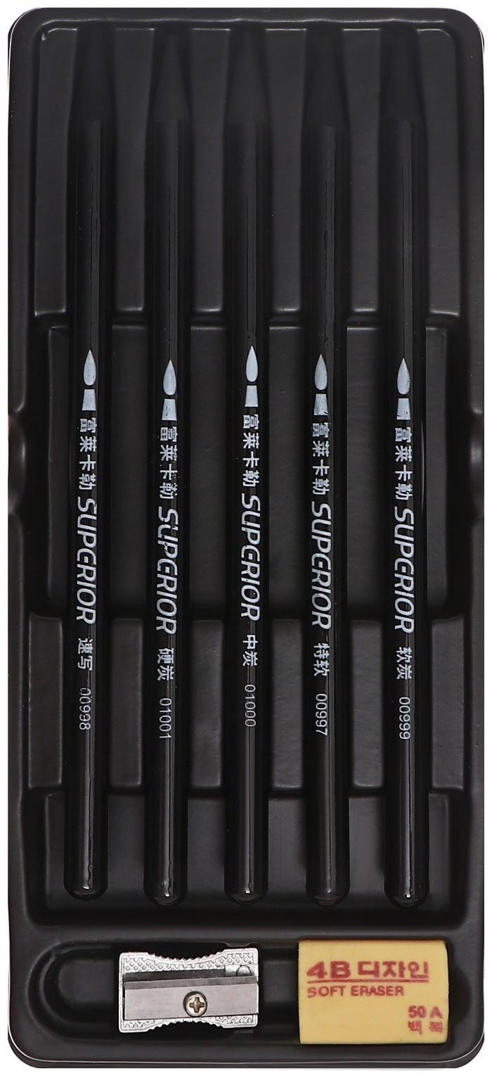 Карандаши цельнографитные черные 5 штук + ластик + точилка wcp-5