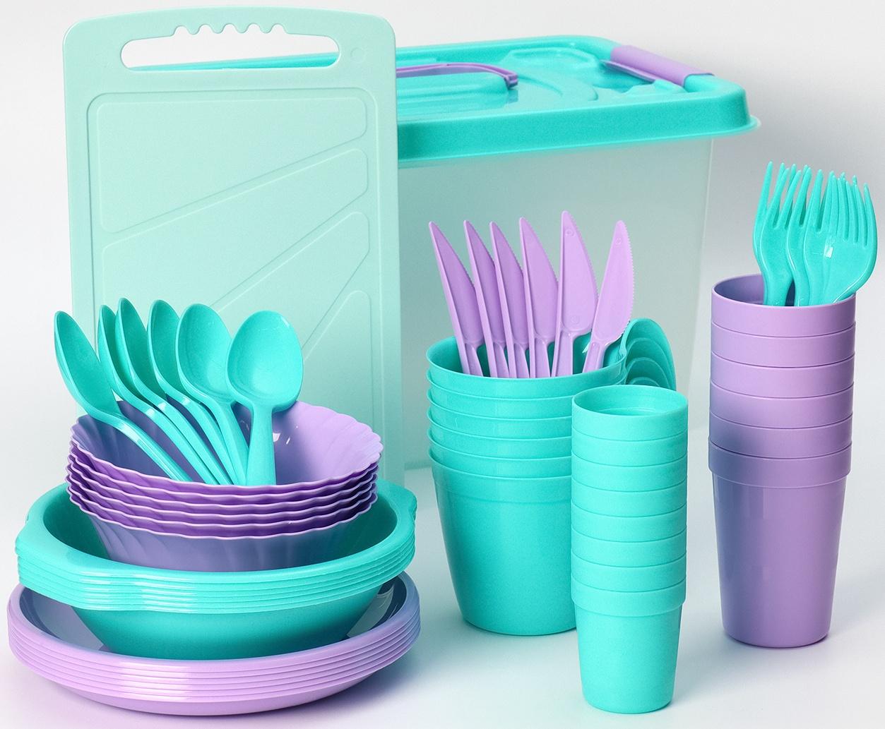 Набор посуды для пикника на 6 персон «Все за стол – 2», 52 предмета, цвет микс