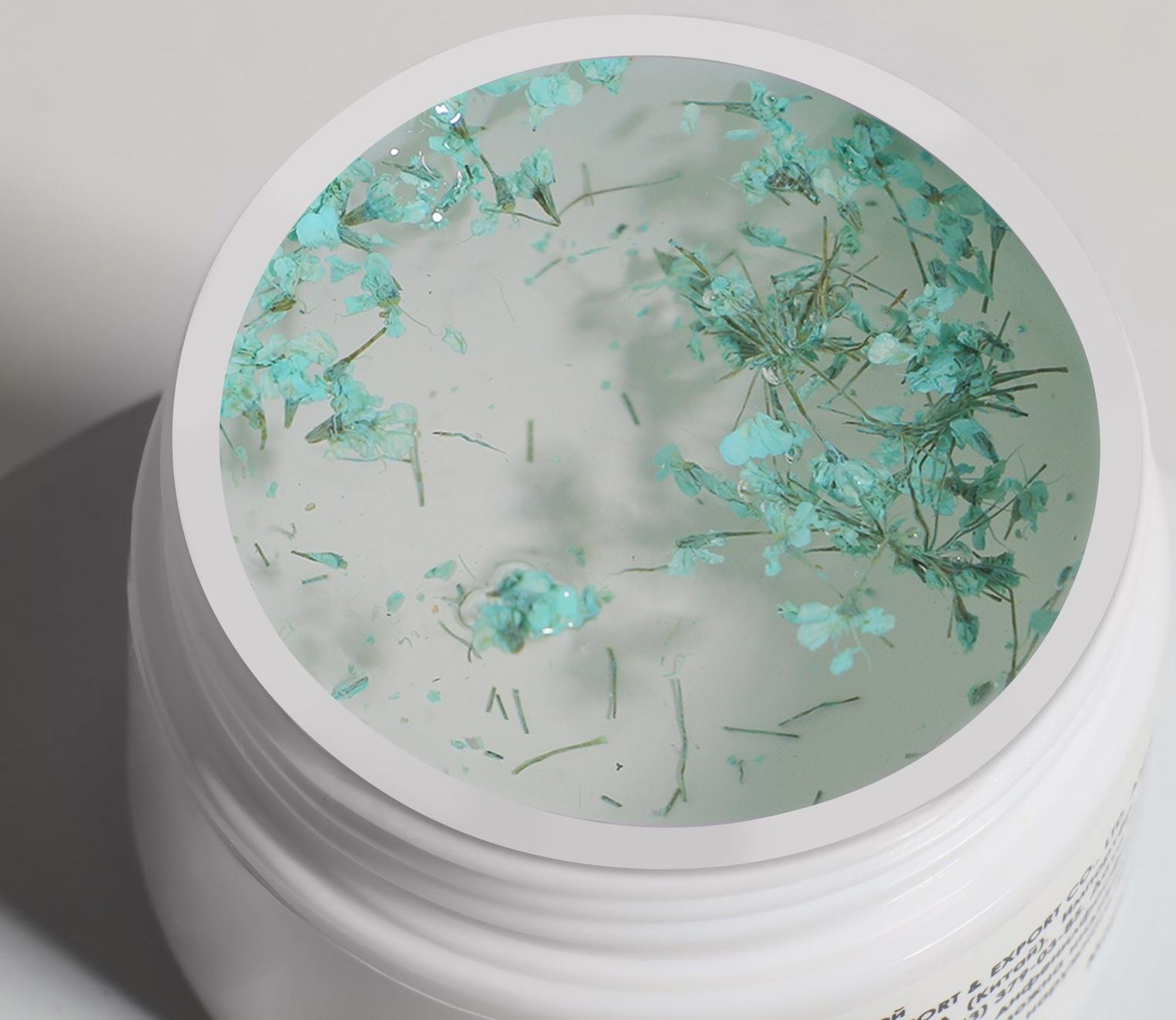 Гель для наращивания, с сухоцветами, 3-х фазный, 9 гр, LED/UV, цвет прозрачный/бирюзовый