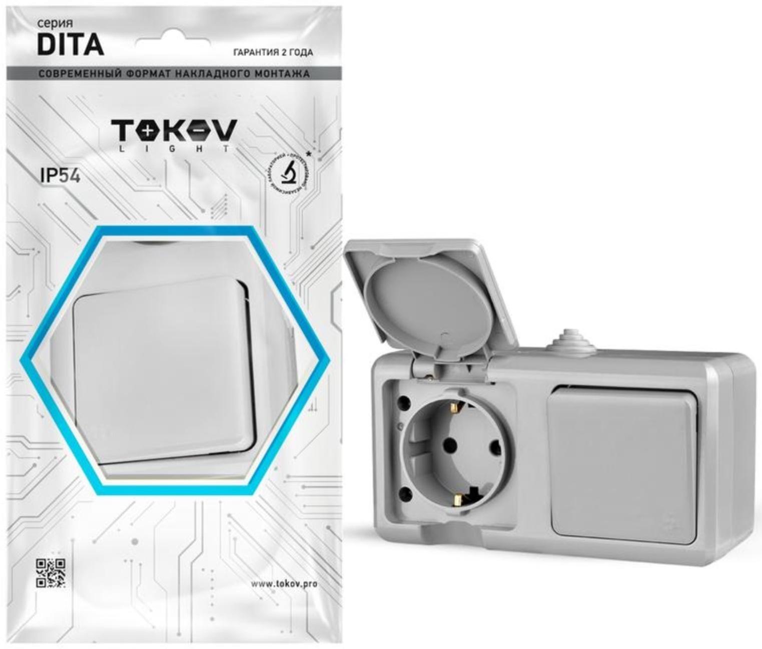 Блок ОП Dita (розетка 16А 250В с заземл. + 1-кл. выкл. 10А) IP54 сер. TOKOV ELECTRIC TKL-DT-V1RZ-C06