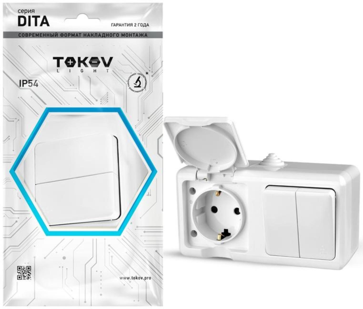 Блок ОП Dita (розетка 16А 250В с заземл. + 2-кл. выкл. 10А) IP54 бел. TOKOV ELECTRIC TKL-DT-V2RZ-C01
