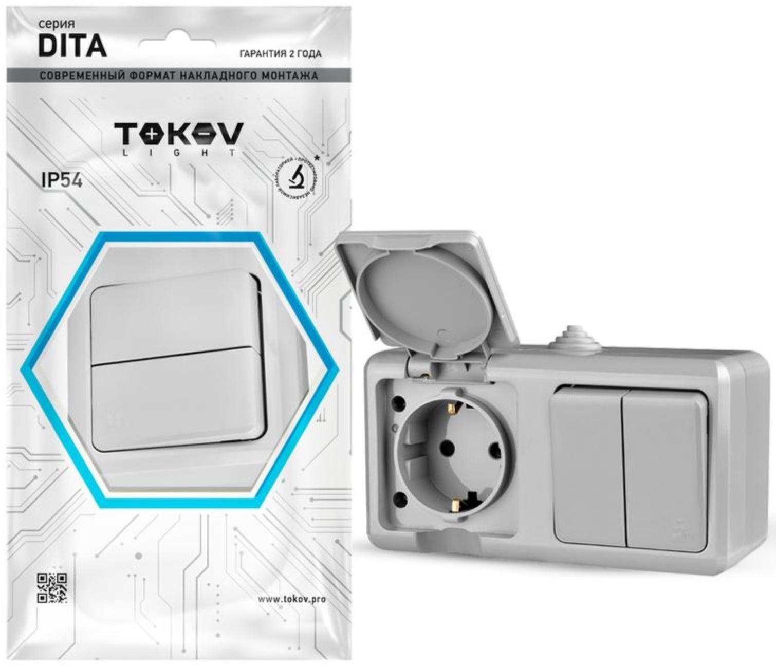 Блок ОП Dita (розетка 16А 250В с заземл. + 2-кл. выкл. 10А) IP54 сер. TOKOV ELECTRIC TKL-DT-V2RZ-C06