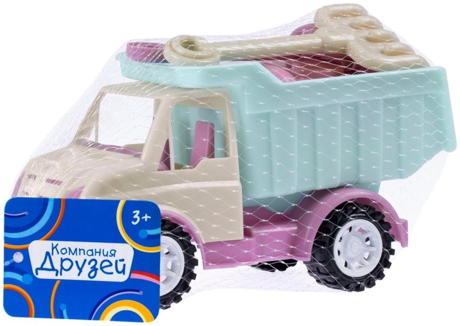 Песочный набор: лопатка, грабли 19 см, 4 формочки, с грузовиком, голубо-сиреневый