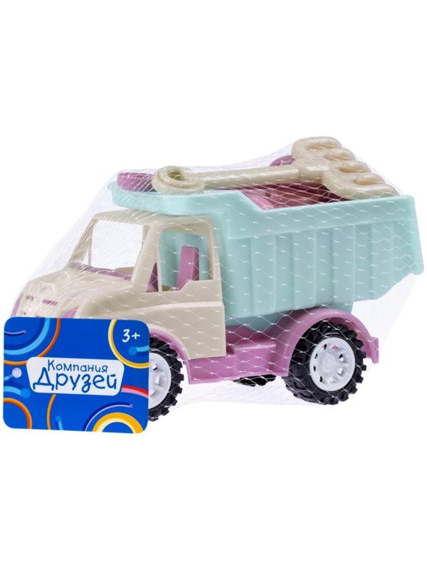 Песочный набор: лопатка, грабли 19 см, 4 формочки, с грузовиком, голубо-сиреневый