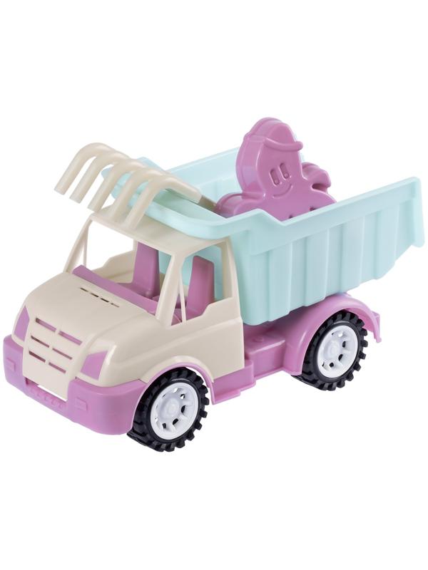 Песочный набор: лопатка, грабли 19 см, 4 формочки, с грузовиком, голубо-сиреневый