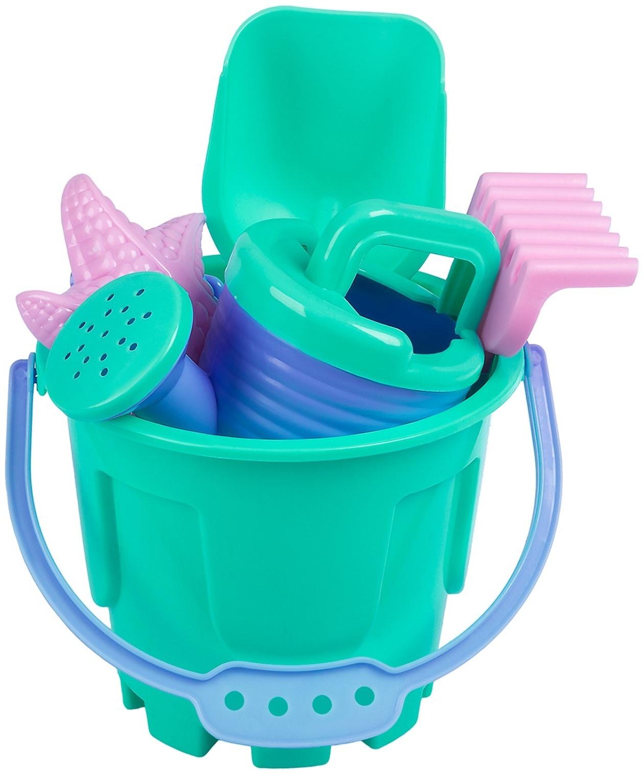 Песочный набор: ведро 1,2 л, лопатка,грабли,4 формочки, лейка 0,2 л, бирюзово-розовый