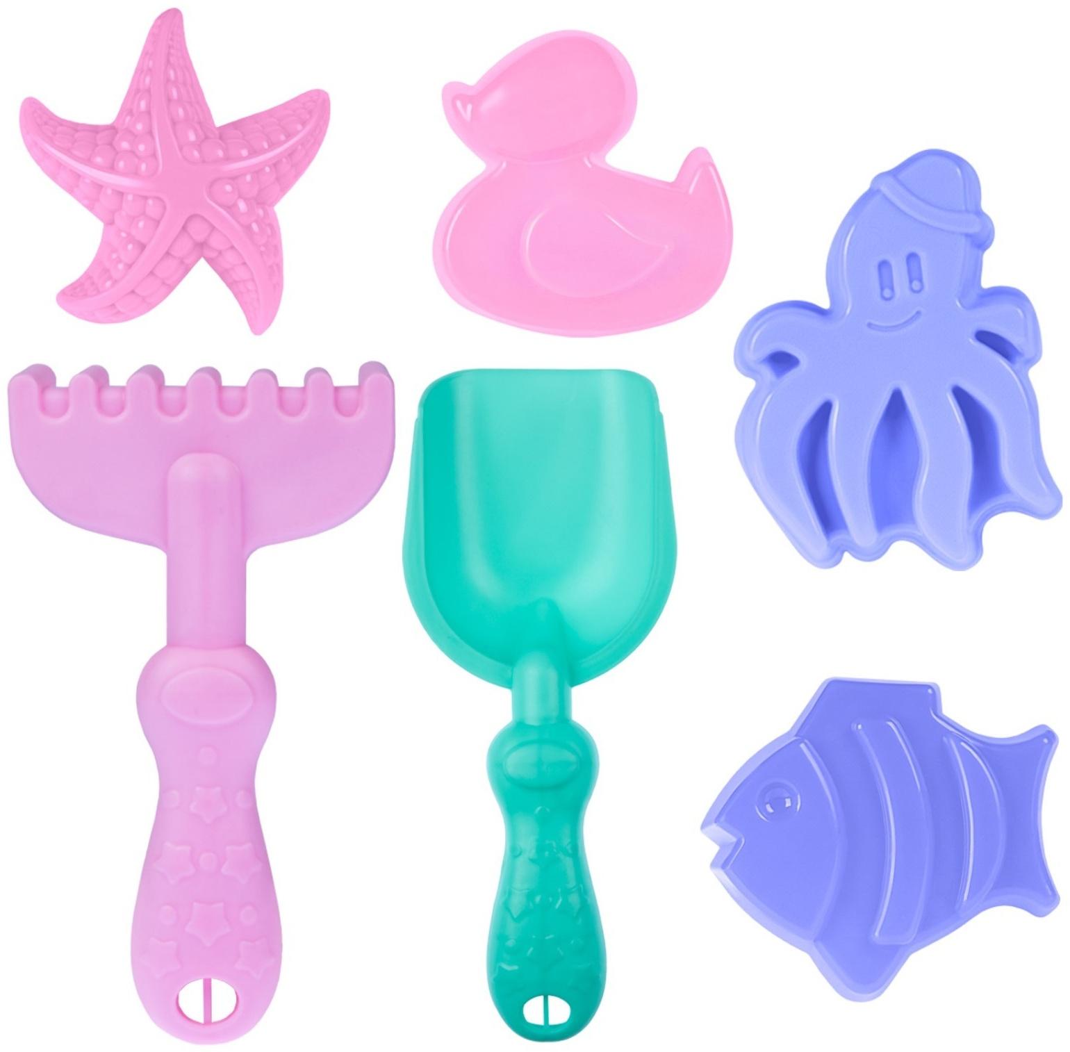 Песочный набор: ведро 1,2 л, лопатка,грабли,4 формочки, лейка 0,2 л, бирюзово-розовый