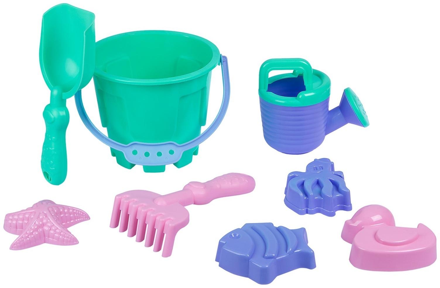 Песочный набор: ведро 1,2 л, лопатка,грабли,4 формочки, лейка 0,2 л, бирюзово-розовый