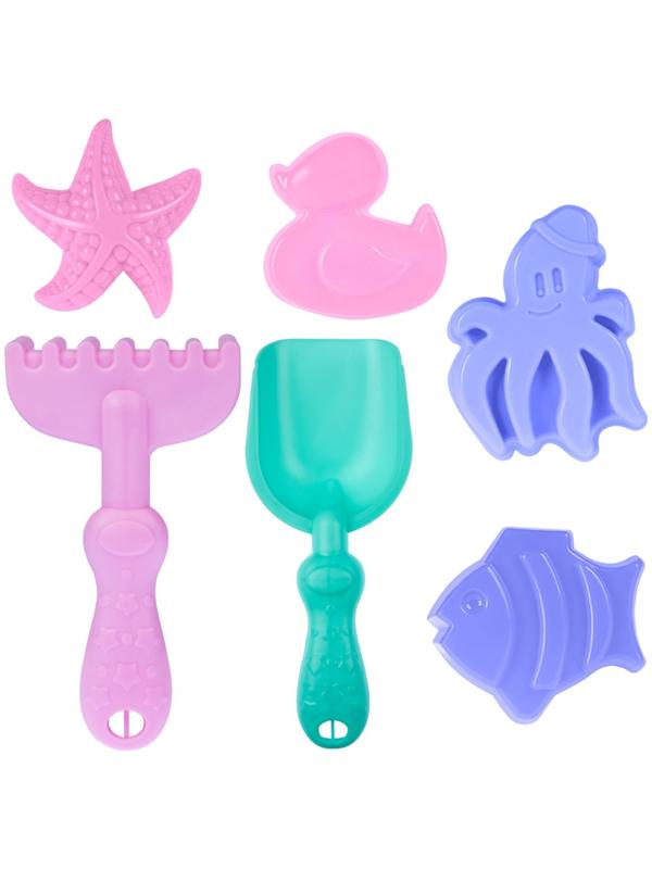 Песочный набор: ведро 1,2 л, лопатка,грабли,4 формочки, лейка 0,2 л, бирюзово-розовый