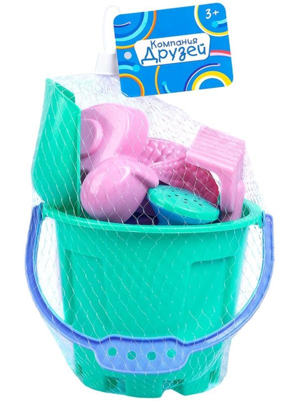 Песочный набор: ведро 1,2 л, лопатка,грабли,4 формочки, лейка 0,2 л, бирюзово-розовый