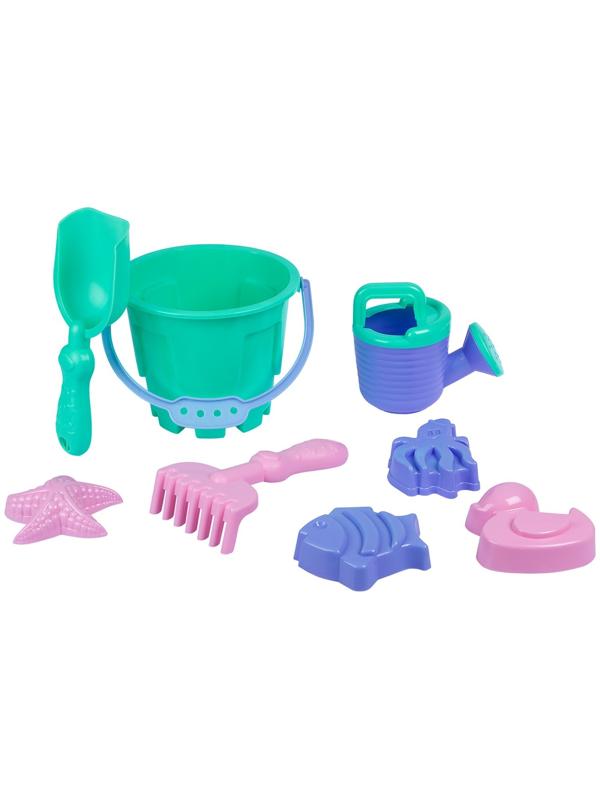 Песочный набор: ведро 1,2 л, лопатка,грабли,4 формочки, лейка 0,2 л, бирюзово-розовый