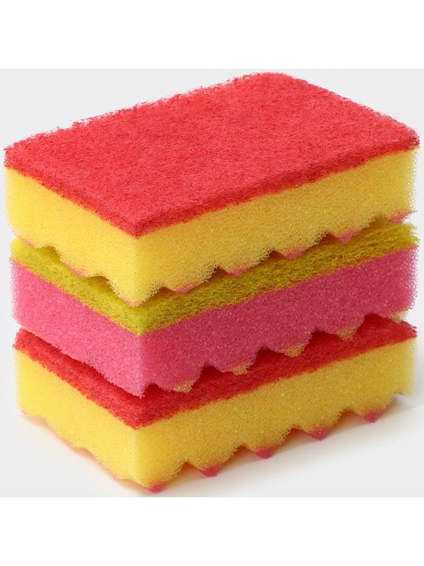 Губка для мытья посуды «Ежики», 3 шт, 100×65×30 мм, абразивное полотно, цвет микс