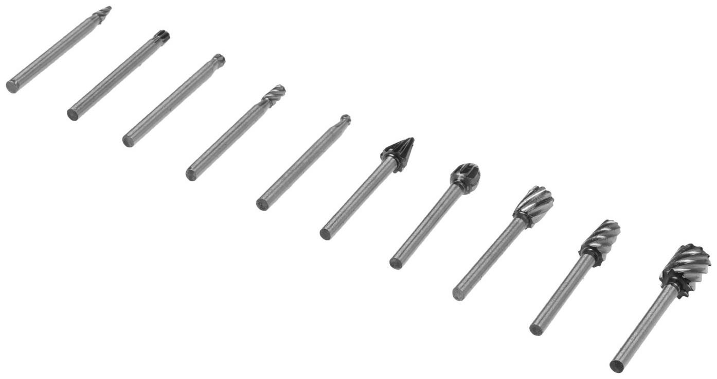 Набор шарошек по дереву и пластику ТУНДРА, диаметр хвостовика 3 мм, 10 шт.