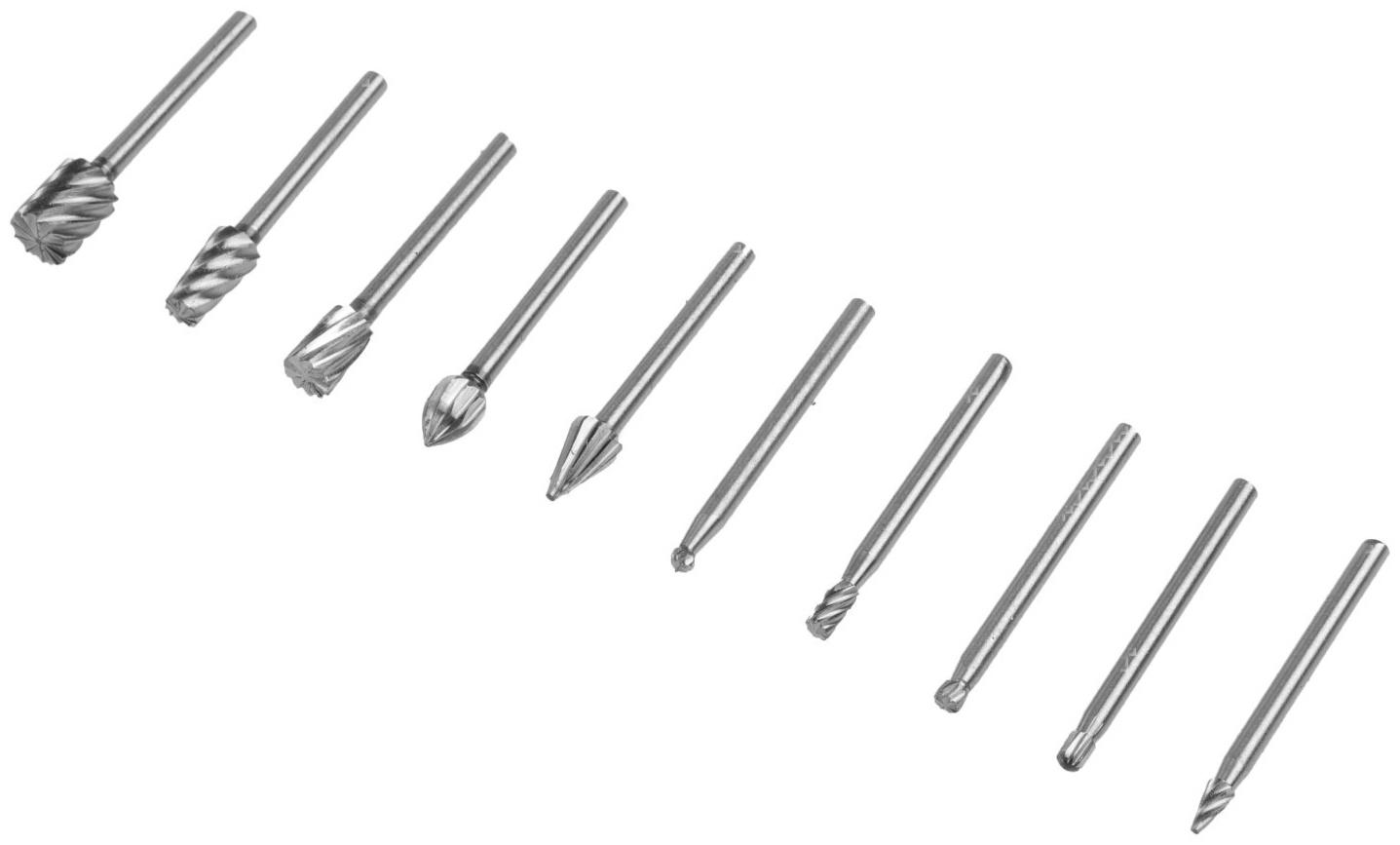 Набор шарошек по дереву и пластику ТУНДРА, диаметр хвостовика 3 мм, 10 шт.