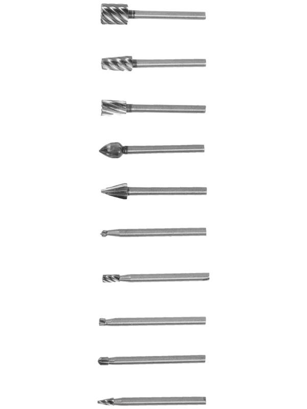 Набор шарошек по дереву и пластику ТУНДРА, диаметр хвостовика 3 мм, 10 шт.
