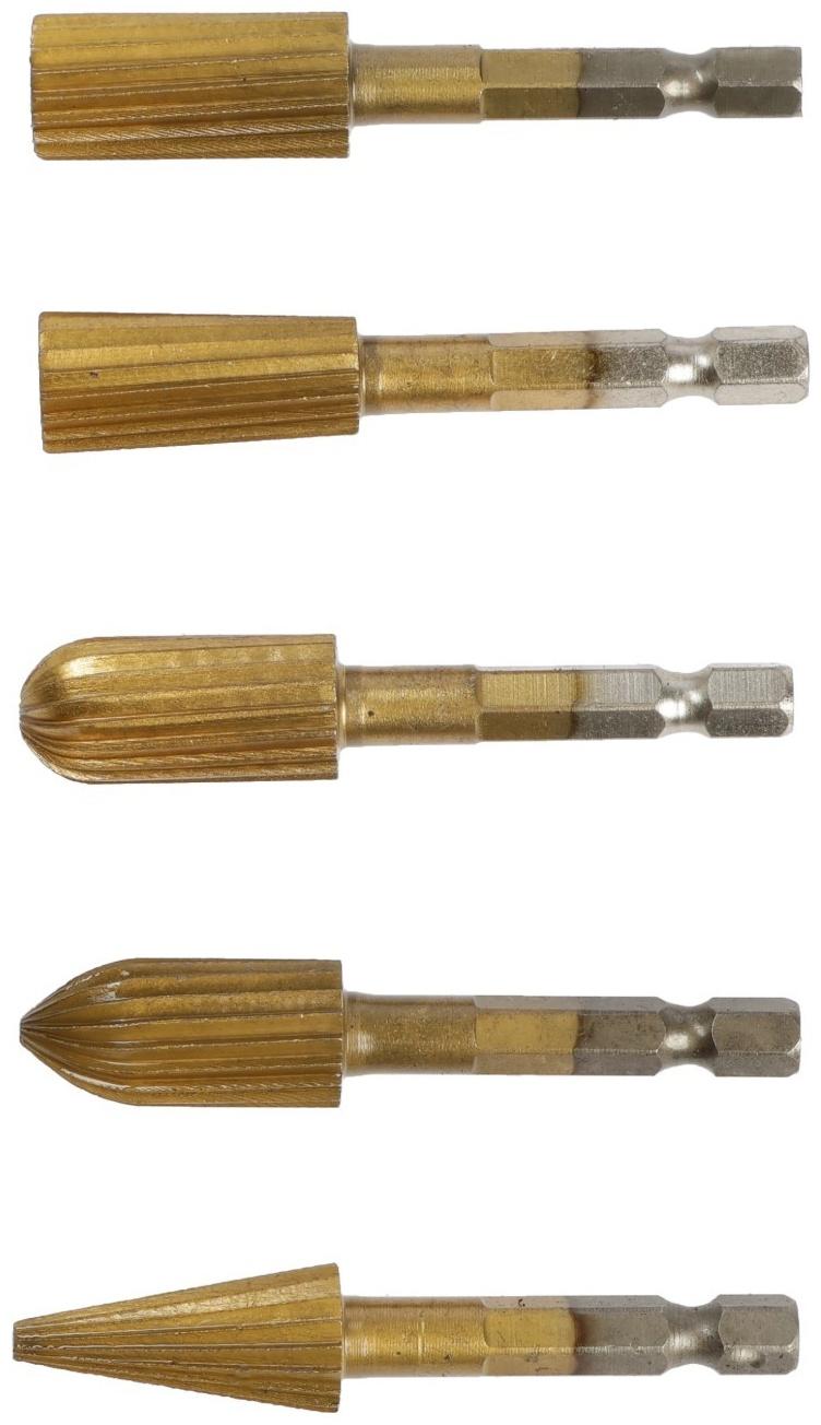 Набор шарошек по дереву и пластику ТУНДРА, TiN покрытие, шестигранный хвостовик, 5 шт.