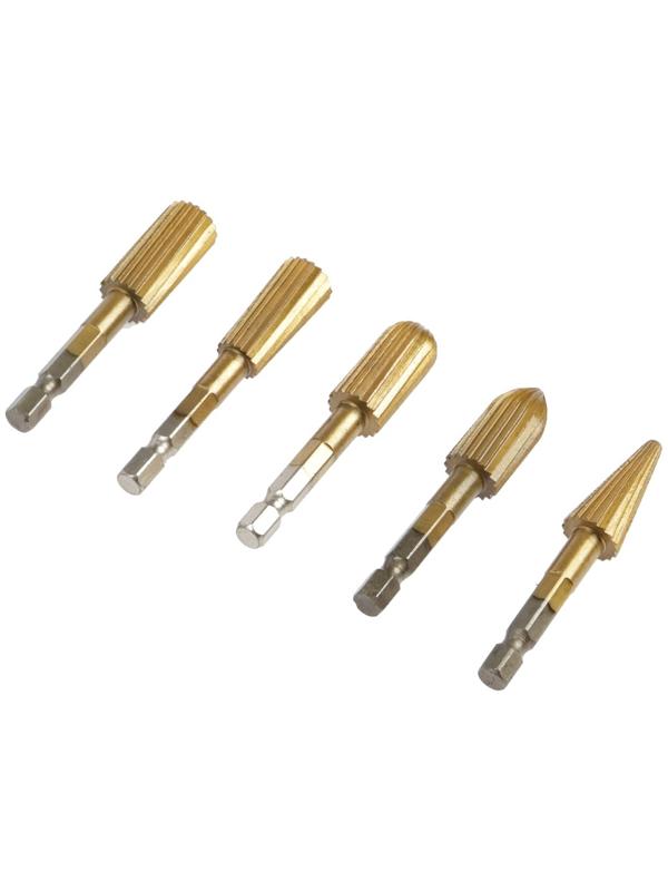 Набор шарошек по дереву и пластику ТУНДРА, TiN покрытие, шестигранный хвостовик, 5 шт.