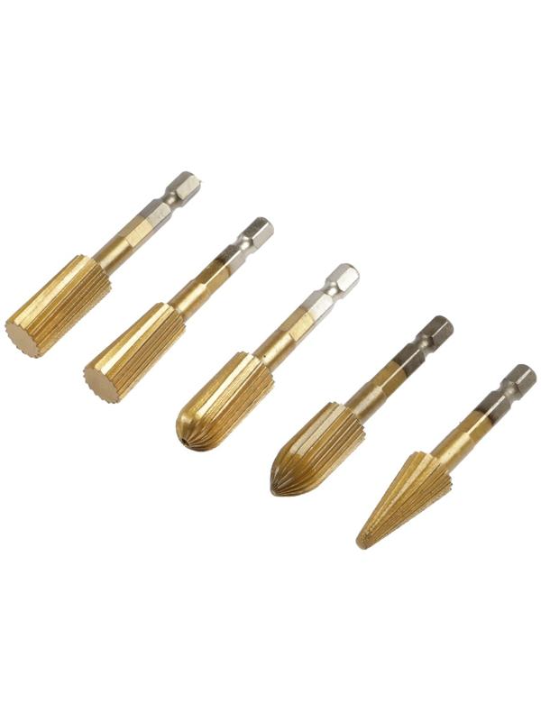Набор шарошек по дереву и пластику ТУНДРА, TiN покрытие, шестигранный хвостовик, 5 шт.
