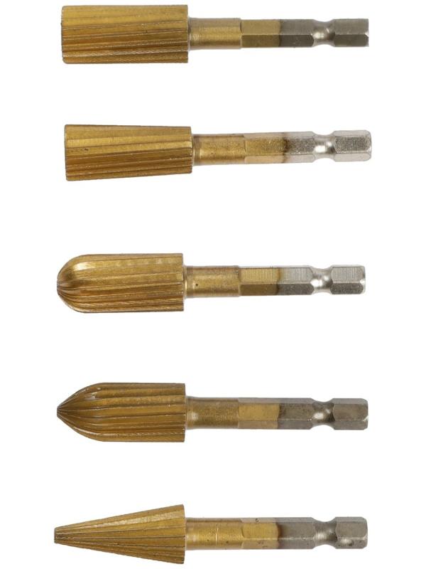 Набор шарошек по дереву и пластику ТУНДРА, TiN покрытие, шестигранный хвостовик, 5 шт.