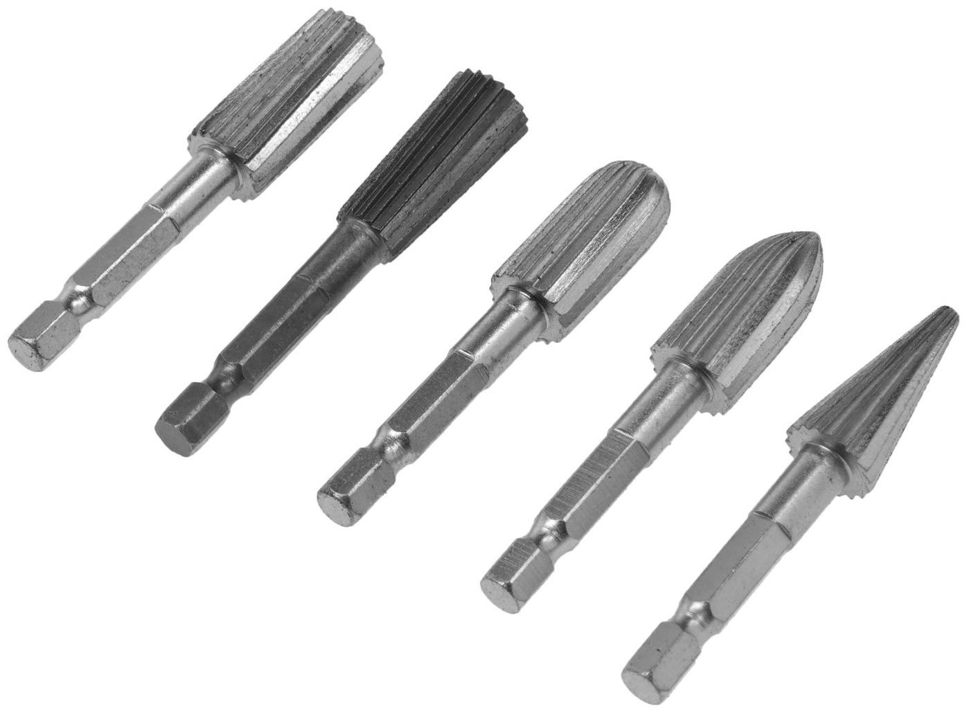 Набор шарошек по дереву и пластику ТУНДРА, никелированное покрытие, шстигр. хвостовик, 5 шт.   98464
