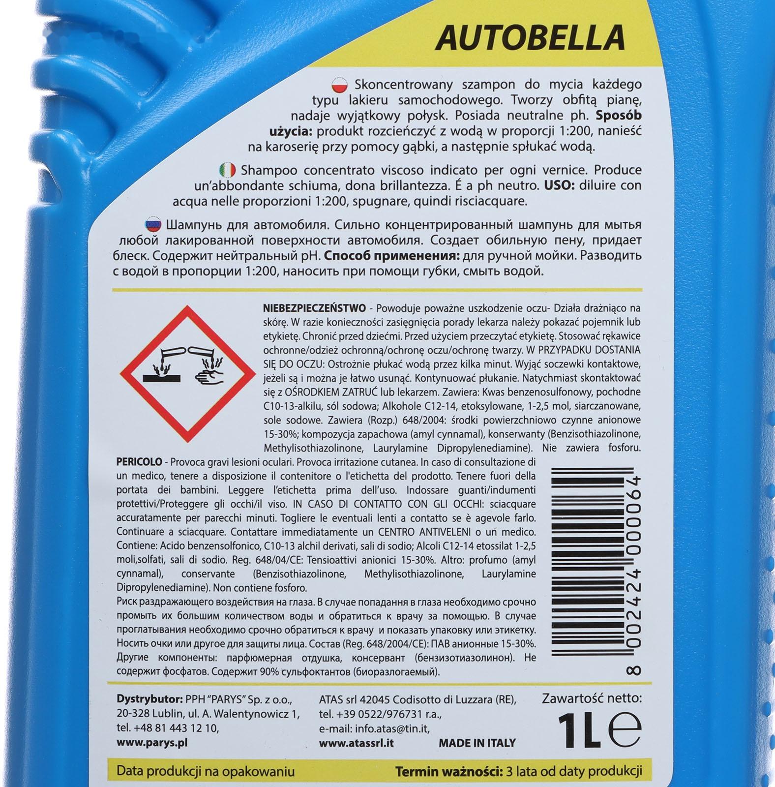 Автошампунь для ручной мойки Plak Autobella, 1 л