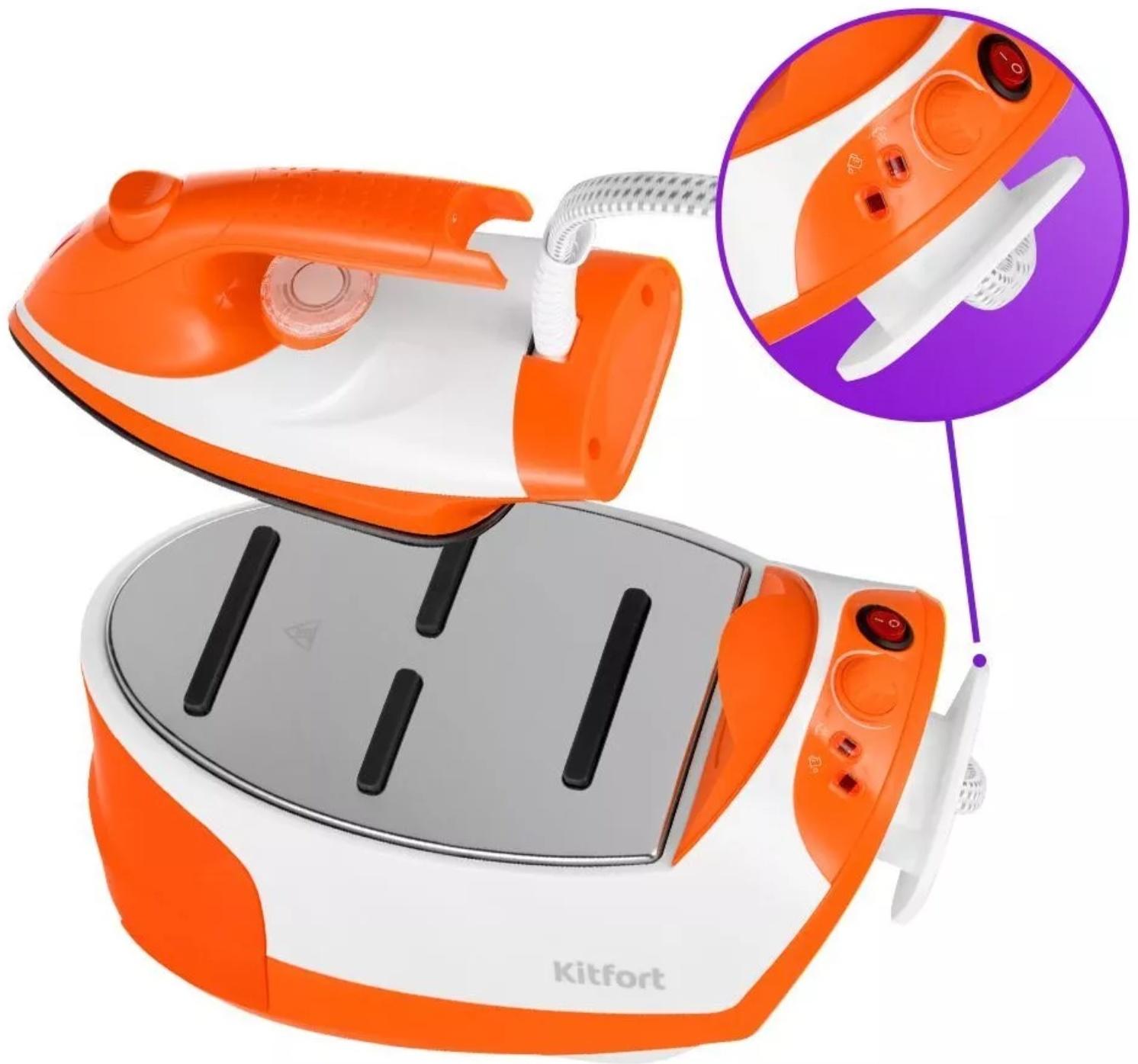 Отпариватель Kitfort КТ-9135-2, напольный, 2000 Вт, 1200 мл, 35 г/мин, утюжок,бело-оранжевый 1042265