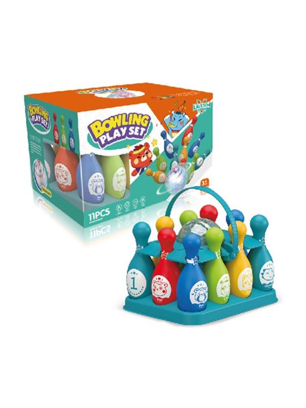 Игра напольная: Набор для боулинга Весёлые Зверята; кегли 10 шт., мяч 1 шт.,
свет, (AG3*3 шт.), переноска для игры, коробка