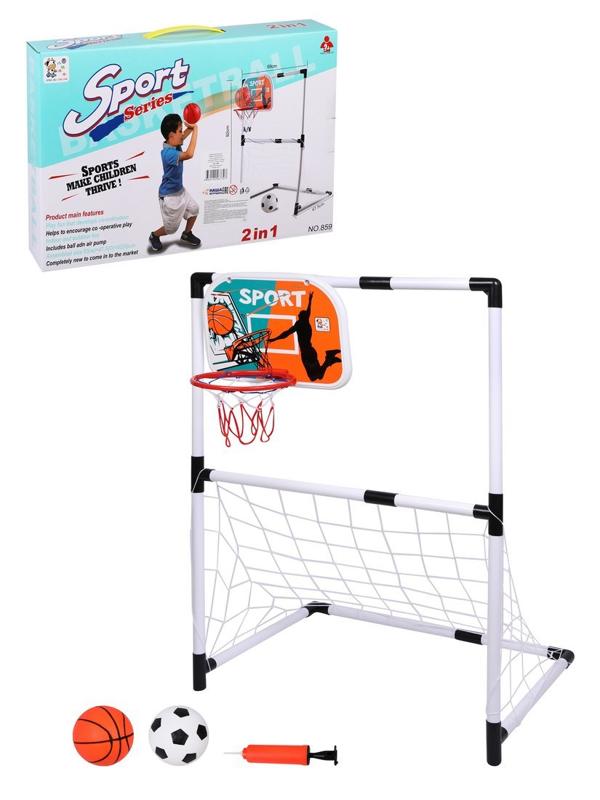 Набор 2 в 1 Футбол + Баскетбол, ворота, щит с кольцом 33х25 см., 2 мяча 11 и
14 см., насос с иглой