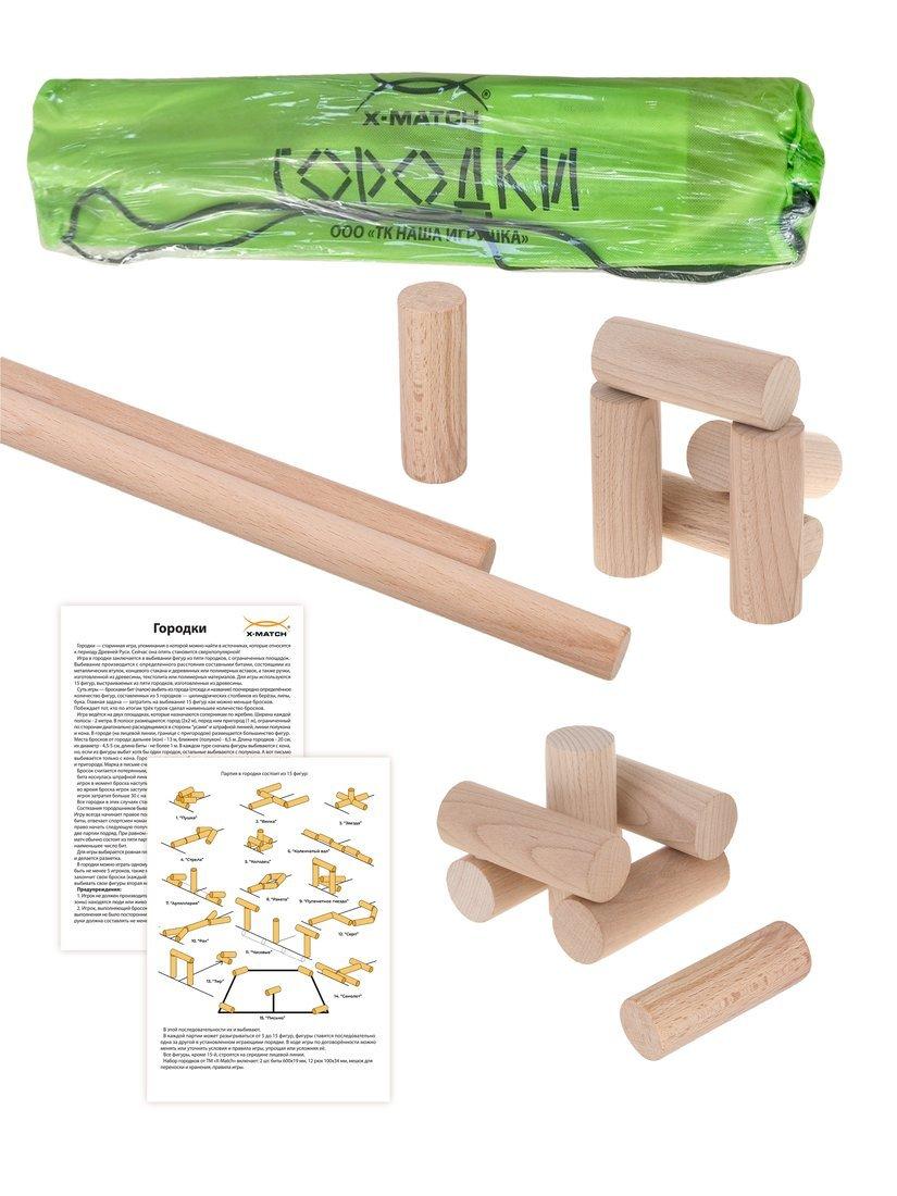 Городки детские ТМ «Х-Match» в комплекте: биты 2- шт., рюхи 12 шт., мешок.