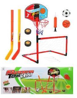 Набор 3 в 1 Футбол+Баскетбол+Хоккей, ворота, щит с баскет.кольцом, 2 мяча, 2
шайбы, 2 клюшки, насос